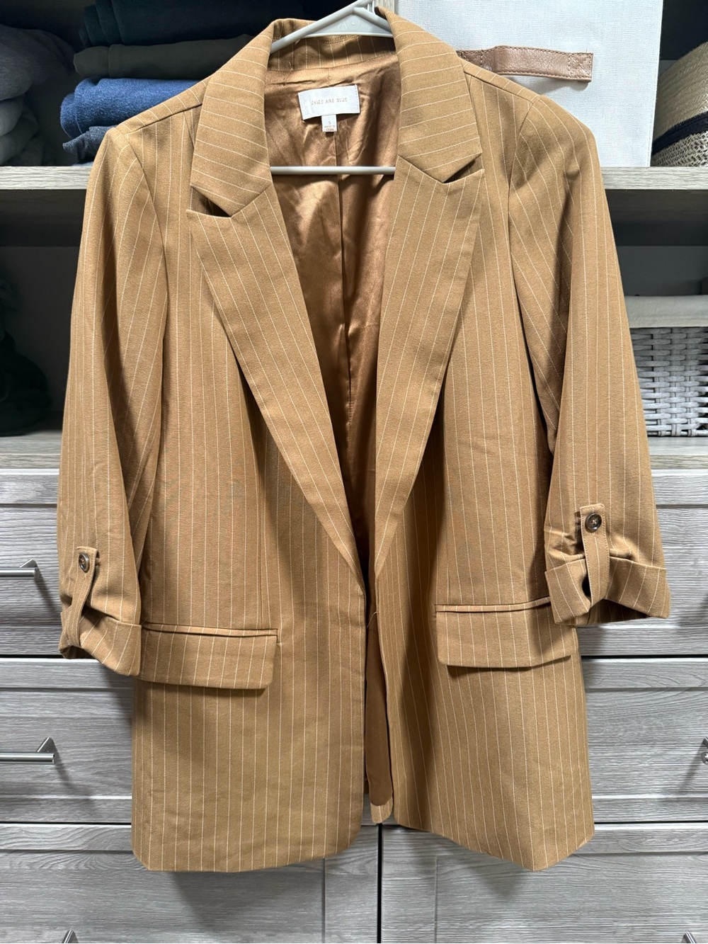 Skies Are Blue Camel Tan Pinstripe 3/4 Roll Tab Sleeve Open Front Blazer S